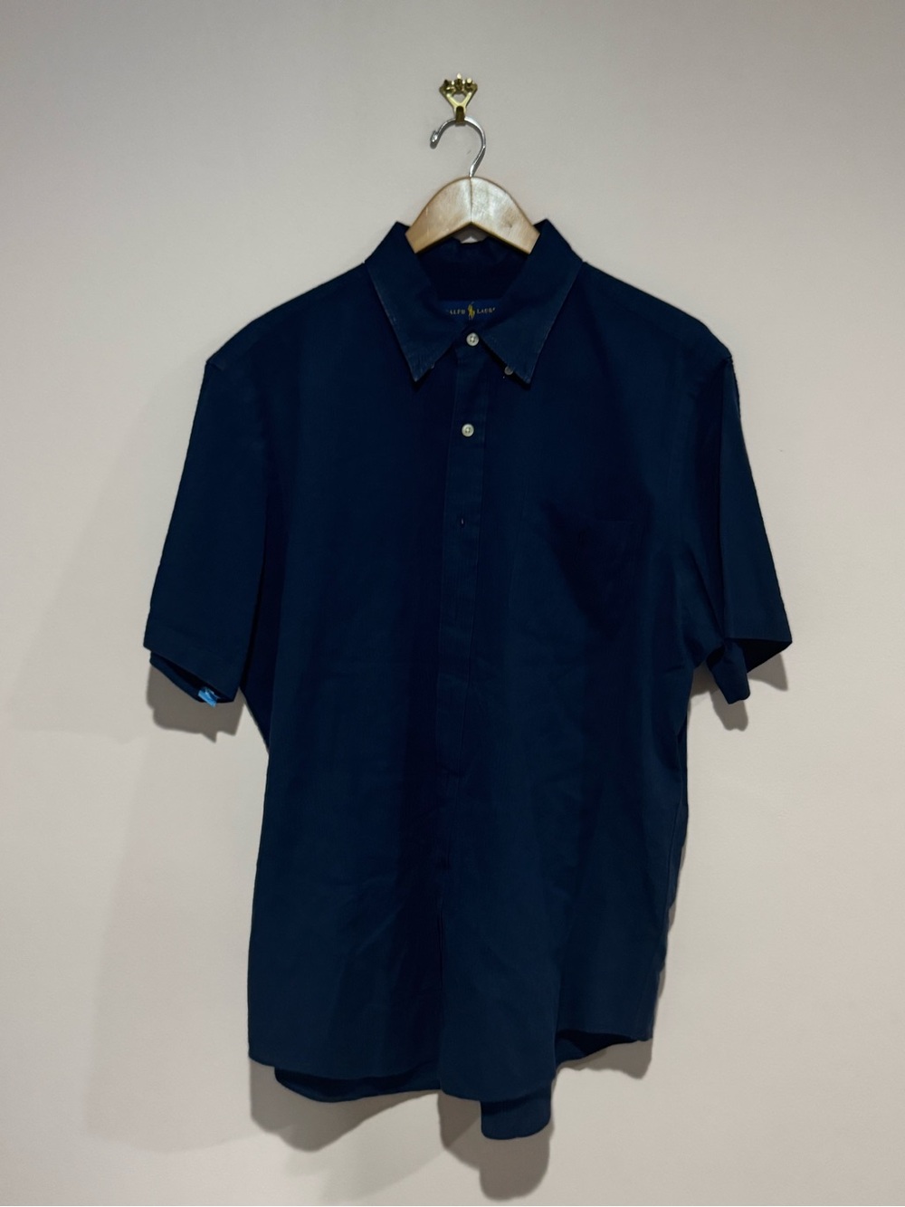 Ralph Lauren Men's Navy Solid Short Sleeve Button-Up Shirt Cotton Knit XL